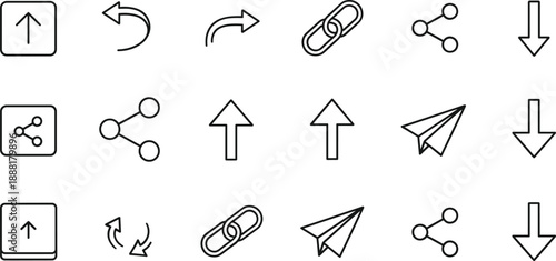 Set of fifteen thin line icons for navigation and sharing on white background arrow up arrow