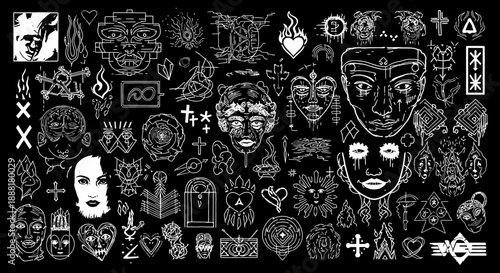 Collection of mystical and occult symbols, masks, and abstract designs in black and white.