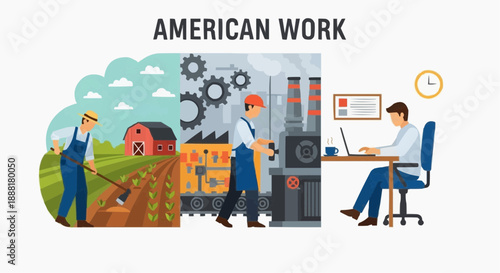 Representation of diverse American labor sectors from farming to industry and office work