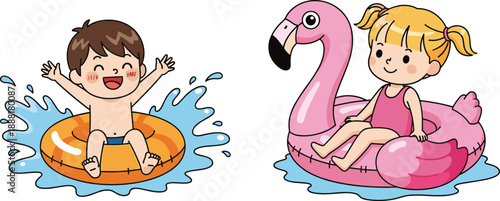Two happy cartoon children enjoying summer fun in a swimming pool on white background Keywords: children, kids, boy, girl, happy