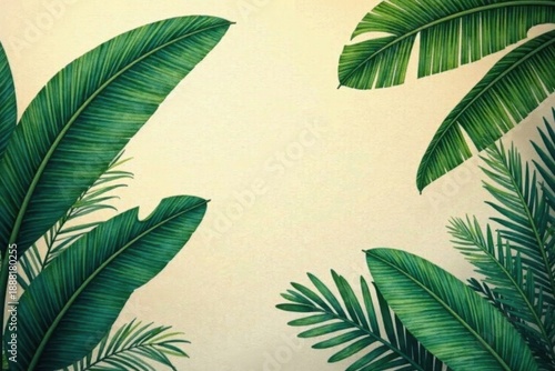 Delicate banana tree mural, soft color tropical leaf wallpaper, plant, soft