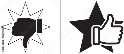 A black and white vector set featuring customer review icons: five-star rating bars, thumbs up and down gestures, expressive sentiment emojis, and user profile silhouettes for feedback systems.