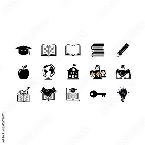 Collection of black education-themed icons on white background illustrating learning and knowledge concepts.