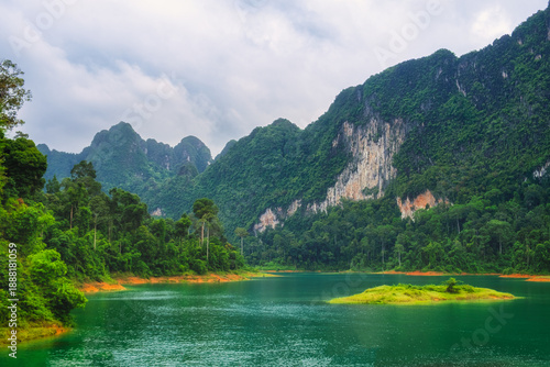 Beautiful landscape of lake and tropical jungle, Ratchaprapha dam, Khao Sok, Thailand