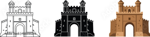 Collection of gatehouse icons in outline silhouette and color representing historical architecture and travel destinations isolated on white