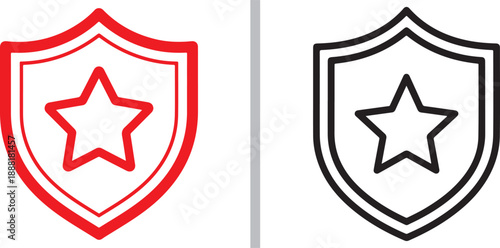 Minimalist vector icons of a shield containing a star, presented in red and black outlines. Represents security, verified quality, protected status, and premium safety standards.