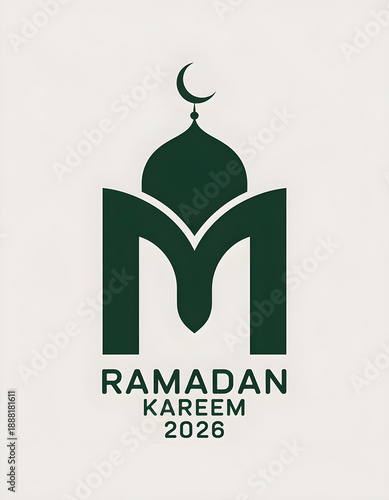 Ramadan Kareem 2026 monogram logo, mosque dome integrated into letter M, minimal flat vector, elegant Islamic branding, white background, no people