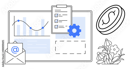 Financial planning, email marketing, data analysis, online transactions, growth strategy, savings. Graphs, clipboard envelope gear coin and flowers. Financial planning and email marketing