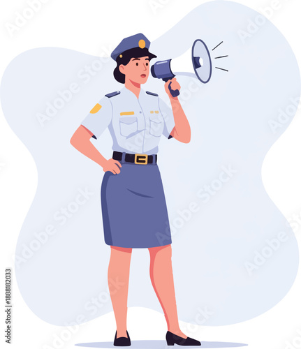 Female Police Officer Making Announcement with Megaphone Flat Vector Illustration