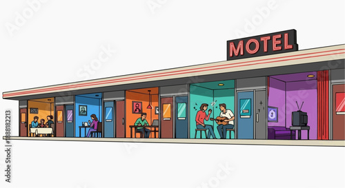 Retro motel with multiple rooms showing people engaged in various activities like dining, working, and relaxing