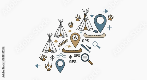 Vector graphic depicting a collage of camping and navigation icons on a white background, celebrating outdoor adventure and exploration