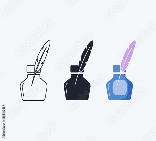 Three variations of quill and inkwell illustrations showing different styles and color schemes