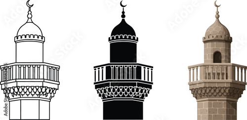 Collection of minaret illustrations including line art silhouette and realistic stone design representing Islamic architecture and cultural landmarks