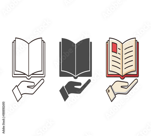 Three illustrations of an open book held by a hand in different styles