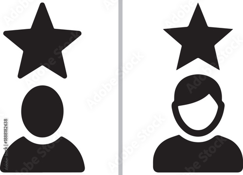 A black and white vector set featuring customer profile silhouettes topped with large solid black stars, symbolizing high rankings, premium status, and top-tier user reviews.