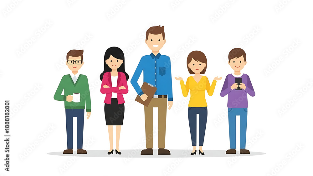 Fototapeta premium None Illustration of five diverse office workers standing together in a modern setting isolated on transparent background