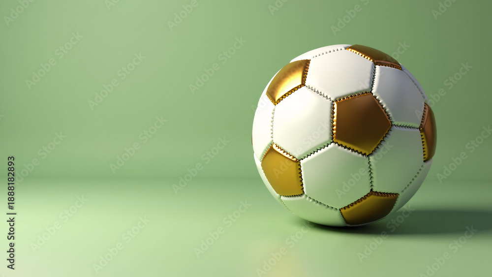 Naklejka premium Gold-white soccer ball rests on green floor—soft shadow stretches, monochrome green glows, surreal calm and global anticipation radiate from minimalist symmetry. 