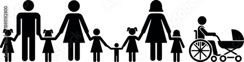 Diverse Family Units and Inclusive Parenting Set Vector Silhouette Black and White Cricut Design with Disabled Parent in Wheelchair and Children Icons