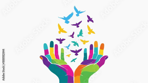 Hands releasing colorful birds into the sky, symbolizing freedom and peace