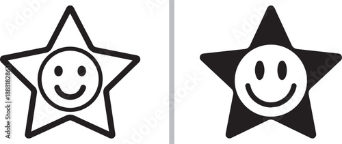 A black and white vector graphic featuring a smiling face set inside a star. The set includes two versions: a minimalist linear outline and a bold solid black shape with a white inset smile.