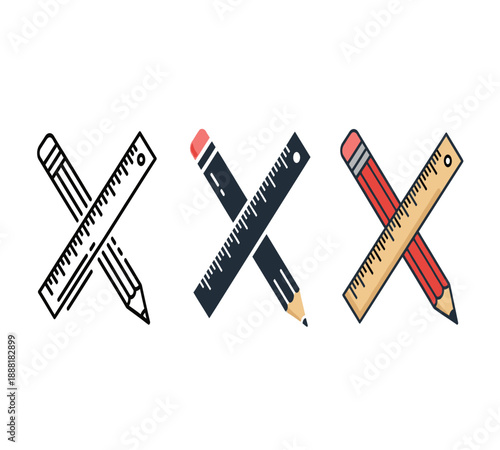 A series of crossed stationery items pencils rulers and pens in different styles