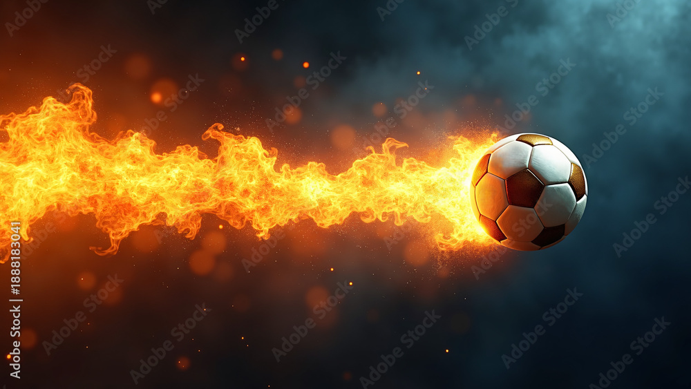 Fototapeta premium A flaming soccer ball streaks through smoky air, trailing fire and sparks in explosive motion. 