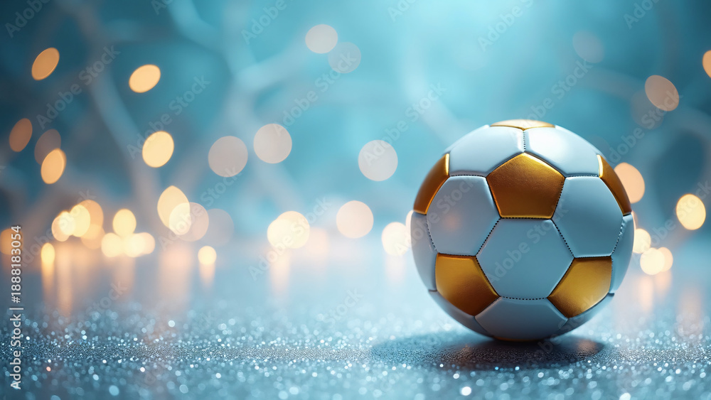 Fototapeta premium A white and gold soccer ball rests on glittery ground, glowing under cool blue light in dreamy celebration. 