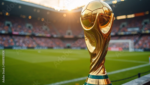 The World Cup trophy glows on sunlit turf, crowned by a golden sunset and roaring stadium crowd.
