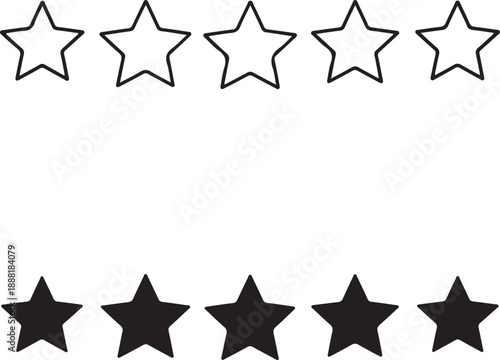 A minimalist vector set of five stars in both outline and solid black silhouettes. These icons are essential for designing rating systems, review sections, and quality benchmarks.