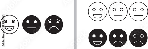 A comprehensive set of black and white vector icons for customer feedback, featuring varied smiley face scales, thumbs up and down gestures, and stars in outline and solid styles.