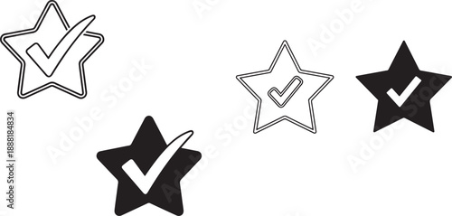 Minimalist vector set featuring four star icons with checkmarks. Includes various styles: thin outline, double outline, solid black, and a white check on a black star.