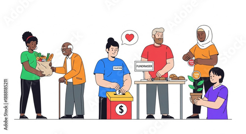 Diverse group of people volunteering and donating to charity.