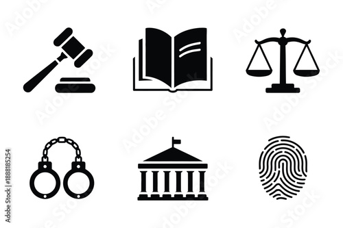 Legal and Justice Icons Gavel, Book, Scales, Handcuffs