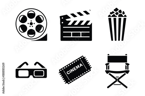 Cinema Icons Film Reel, Clapperboard, Popcorn, 3D Glasses