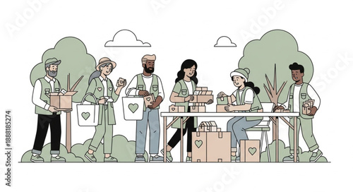 Diverse group of people volunteering together outdoors distributing supplies.