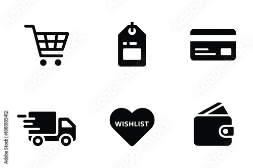 Shopping icons cart, tag, credit card, delivery truck, wishlist heart, wallet