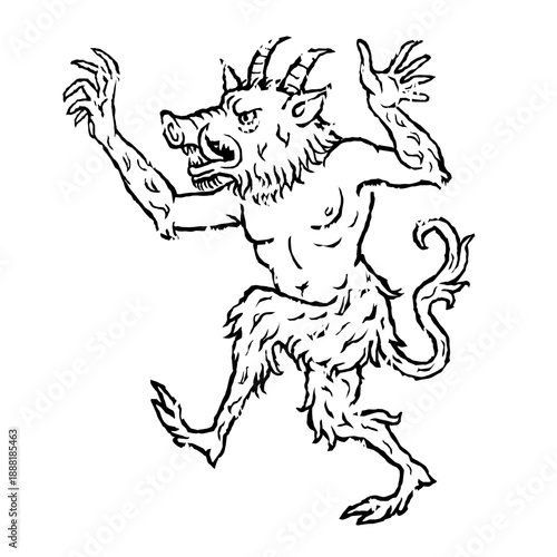 Medieval Marginalia Style Demonic Beast with Boar Head in Absurd Naive Manuscript Illustration