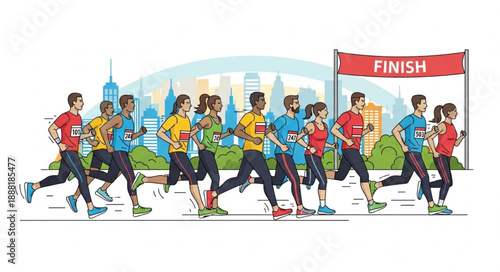 Diverse Group of Runners Approaching Finish Line in City Marathon.