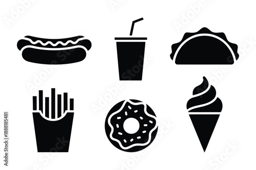 Fast food icons hot dog, soda cup, taco, french fries, donut, ice cream