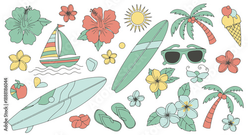 Colorful Flat Vector Illustration with Various Summer and Tropical Holiday Elements