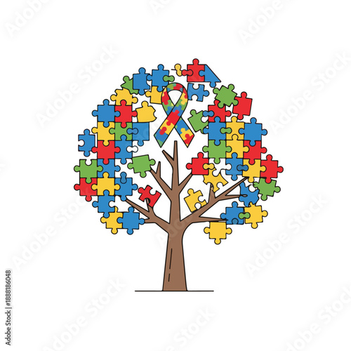 Tree with Puzzle Piece Leaves and Ribbon