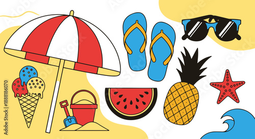 Colorful Flat Vector Illustration of Essential Summer Beach Holiday Items and Accessories on Sand
