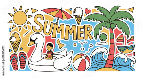 Colorful Flat Vector Illustration of Summer Beach Holiday Elements and Activities with summer Text for Vacation Banner Design