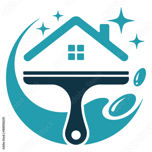 Cleaning service house icon with sparkles and squeegee