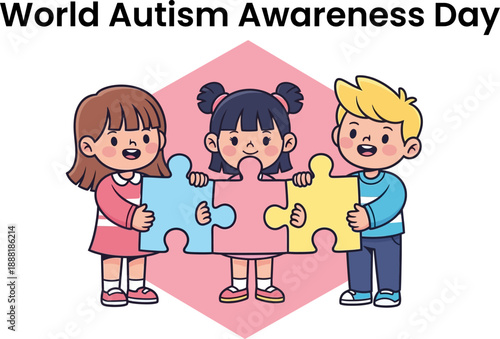 World autism awareness day, cartoon children holding puzzle pieces, cute cartoon characters, flat vector illustration
