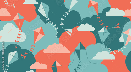 Vibrant Flat Illustration Depicting Colorful Geometric Kites Soaring in an Abstract Sky with Soft Clouds, Ideal for Playful Designs