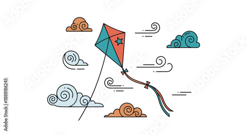Colorful Flat Vector Illustration of a Kite Flying Freely Among Stylized Clouds and Wind Gusts in a Dark Sky