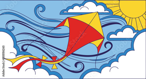 Vibrant Flat Design Vector Illustration of a Colorful Kite Flying High in a Breezy Blue Sky with Clouds and Sun
