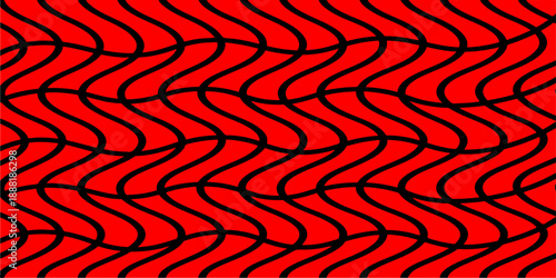 Seamless abstract red background featuring a geometric pattern of flowing waves and fiery orange lines in a decorative vector illustration style for a modern textile wallpaper texture