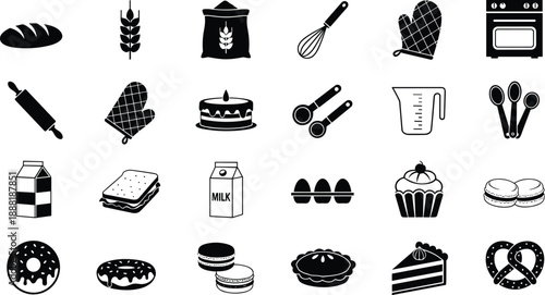Baking icons, pastry symbols, kitchen tools, dessert graphics, ingredient visuals, vector illustration, minimal line art, sweet food elements, bakery items